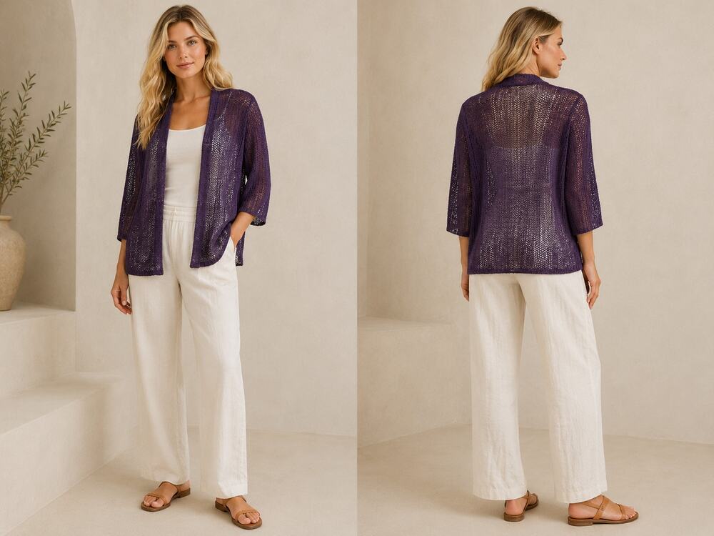 Eileen Fisher Linen Blend Open Front Knit Cardigan PS Purple Lightweight